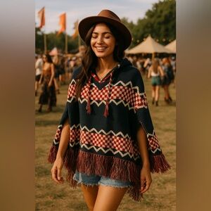 Hazel Boho Fringe Poncho Hoodie Medium – Red Cream Navy Knit Southwestern